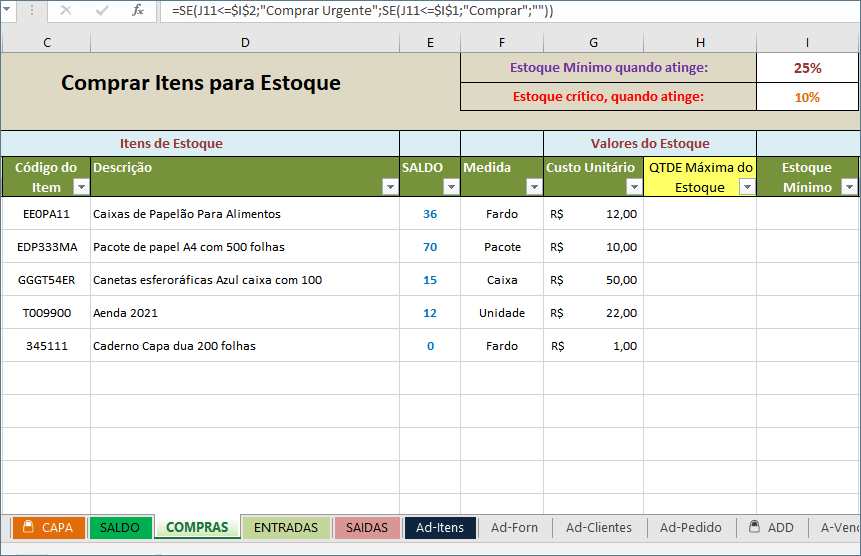 Planilha de estoque alerta de compras