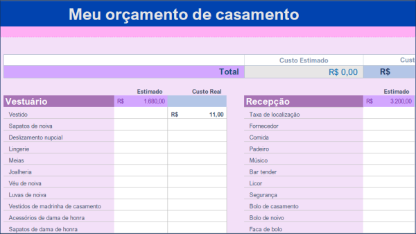 Planilha Orçamento de Casamento