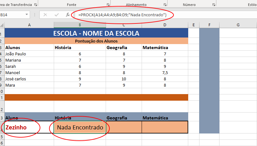 Nada encontrado na função procx