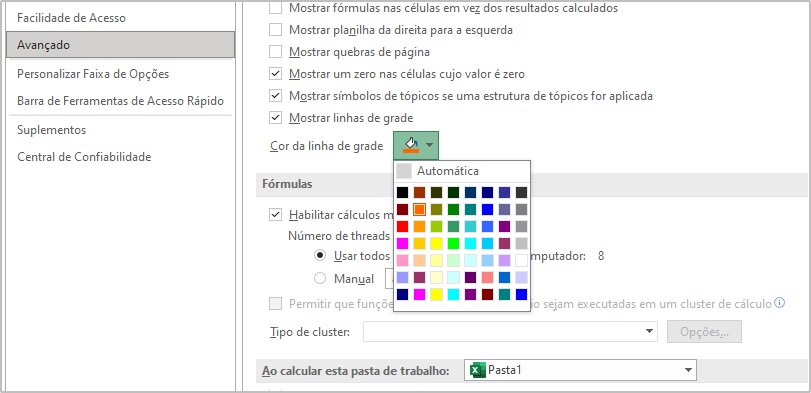 Opções de exibição da planilha