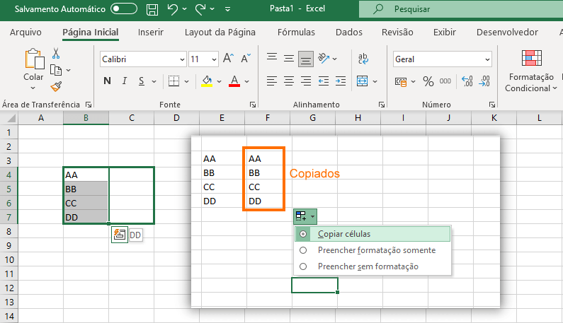 Copiar dados para outras células na planilha