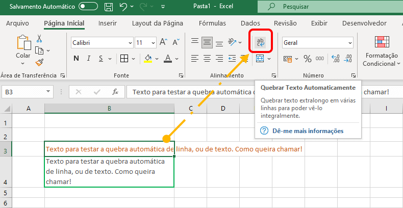 Quebra automática de texto na planilha