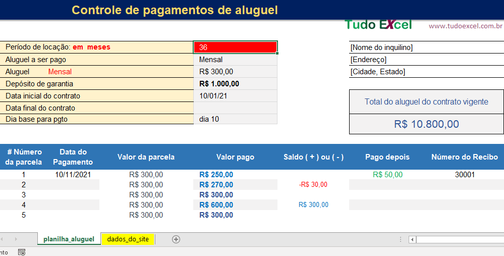 Planilha para controle de pagamento do aluguel