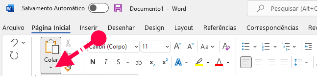 Seta invertida colar especial no word para copiar planilha do Excel