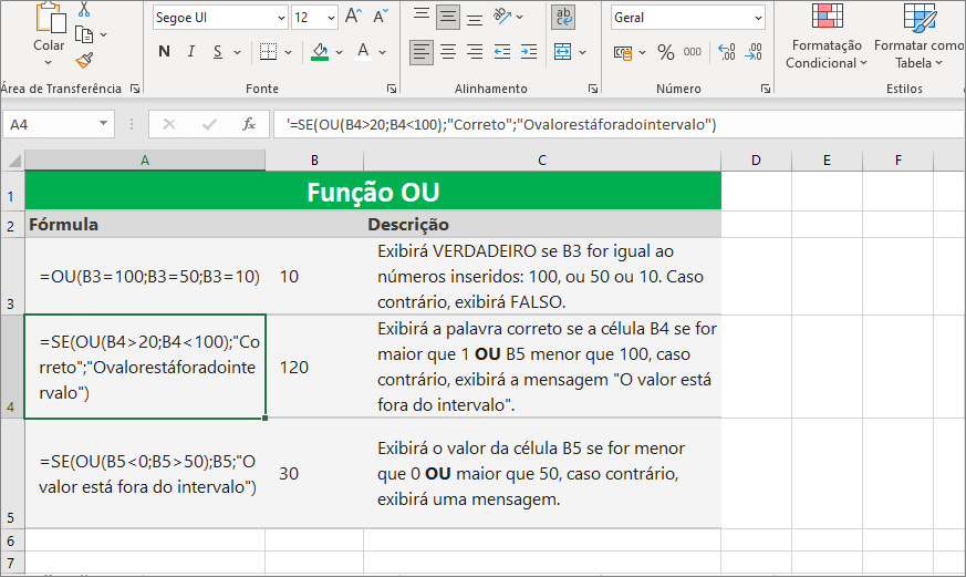 Função OU do MS Excel com testes lógicos