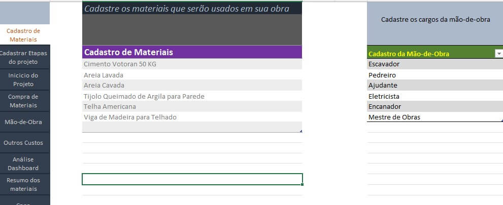 Cadastrar materiais na planilha de orçamento de obras