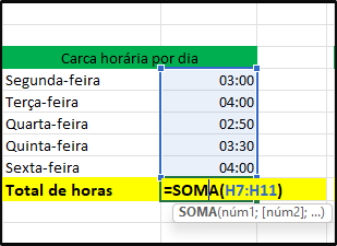 somar horas na planilha de Excel