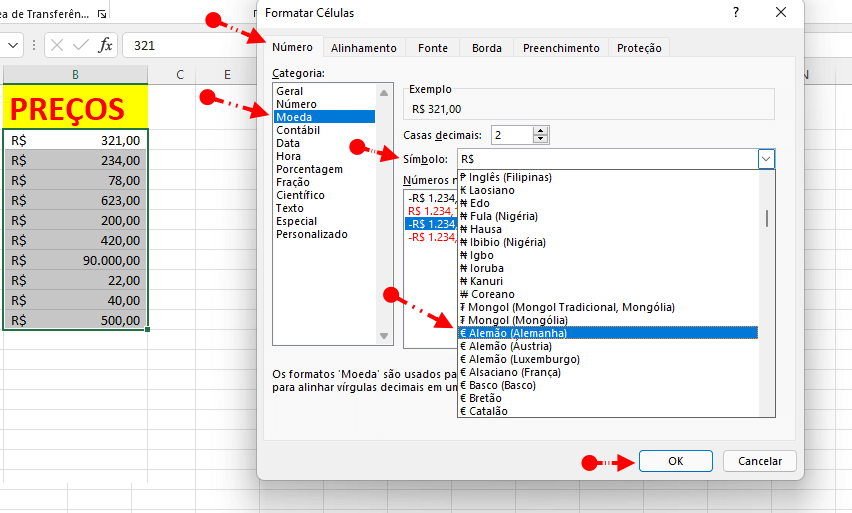 Escolha a moeda para alterar na planilha