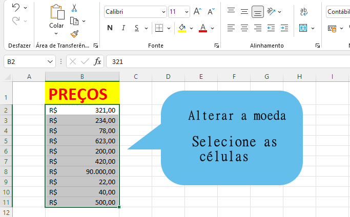 Alterar moeda selecionando células