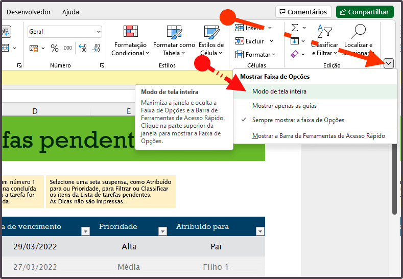 Modo de tela cheia ou tela inteira no Excel