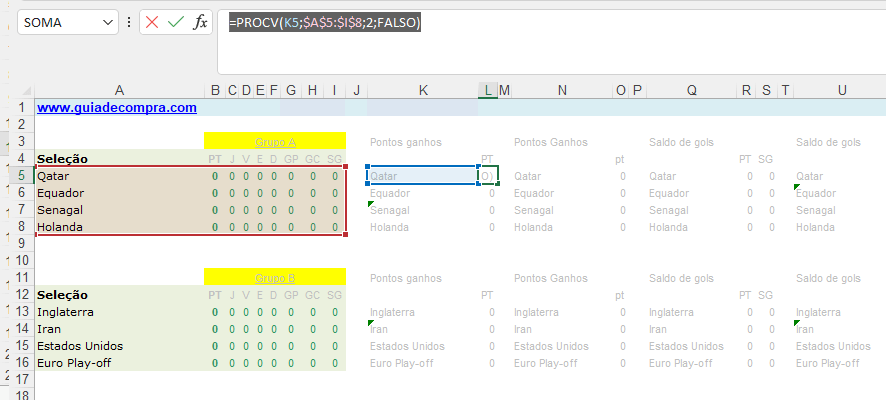 Tabela da Copa do Mundo 2022 no Excel 