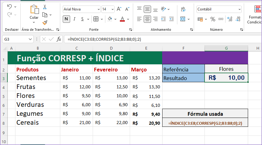 Exemplo de CORRESP com a função ÍNDICE