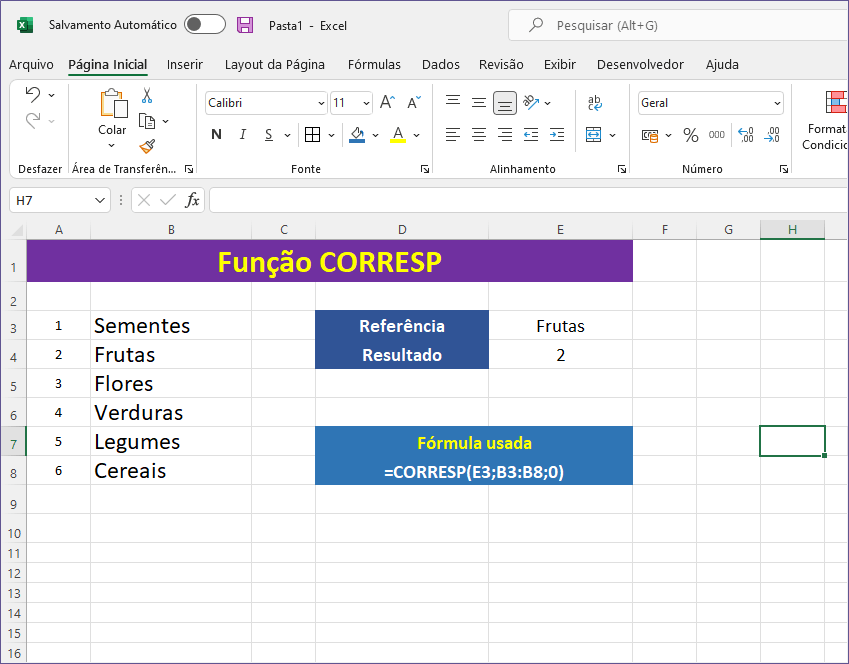 Função CORRESP do Excel