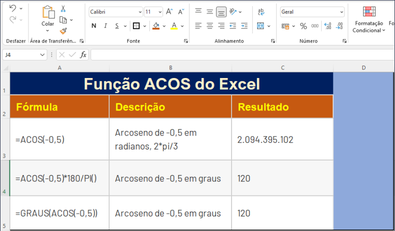 Função ACOS do MS Excel
