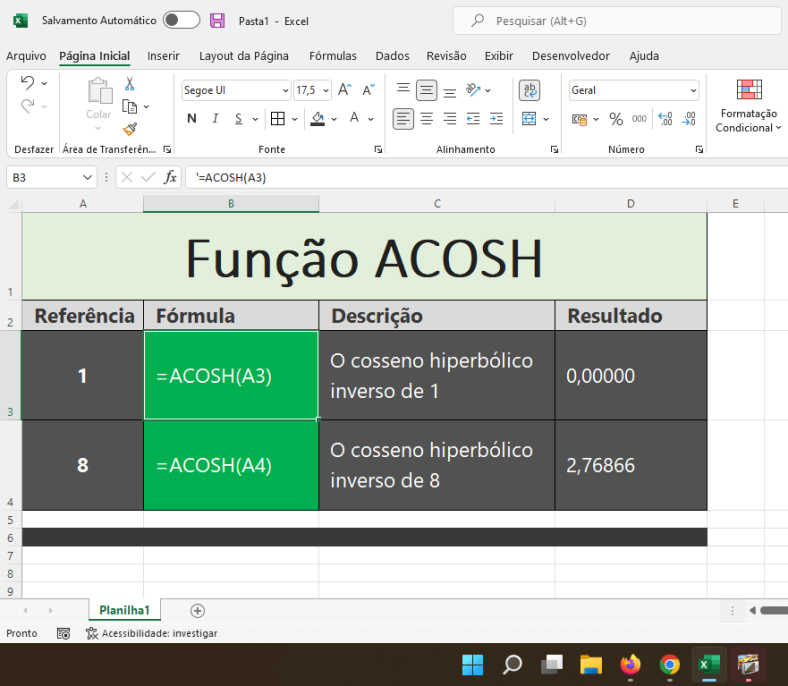 Como usar a função ACOSH no Excel