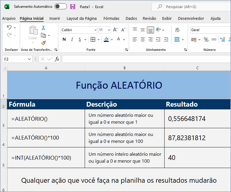 Função ALEATÓRIO do Excel