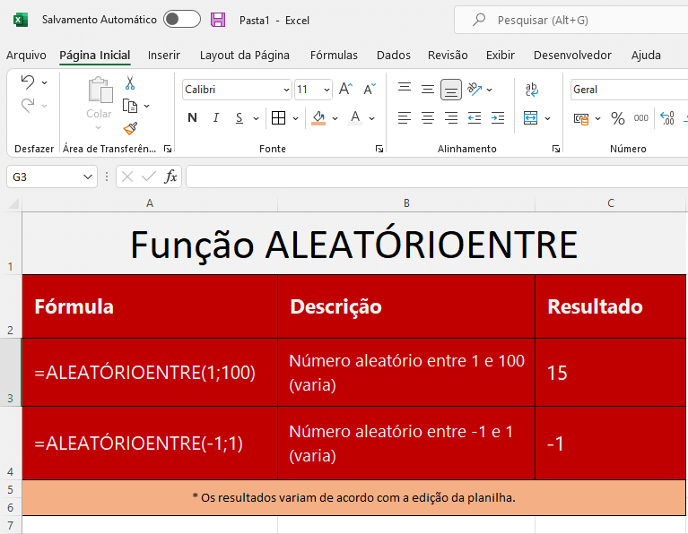 Função ALEATÓRIOENTRE do Excel