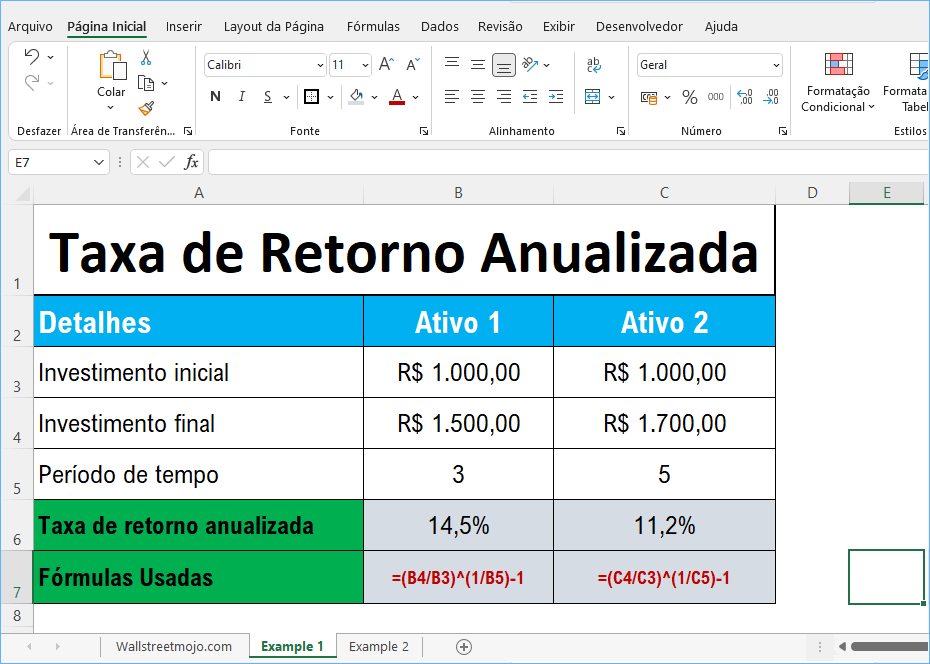 calcular a taxa de retorno anualizada no Excel