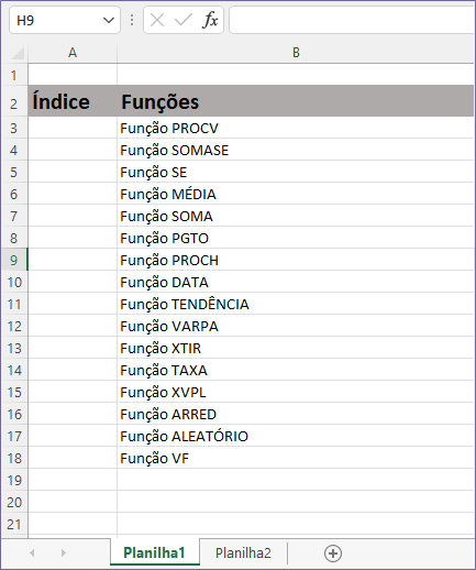 Índice da tabela Excel