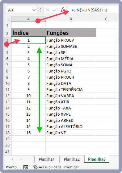 fórmula LIN para criar linhas