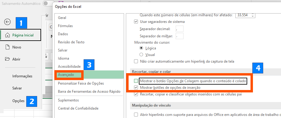 Mostrar opções de colagem no Excel