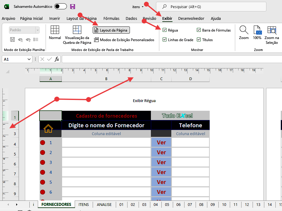 Mostrar a régua na planilha do Excel