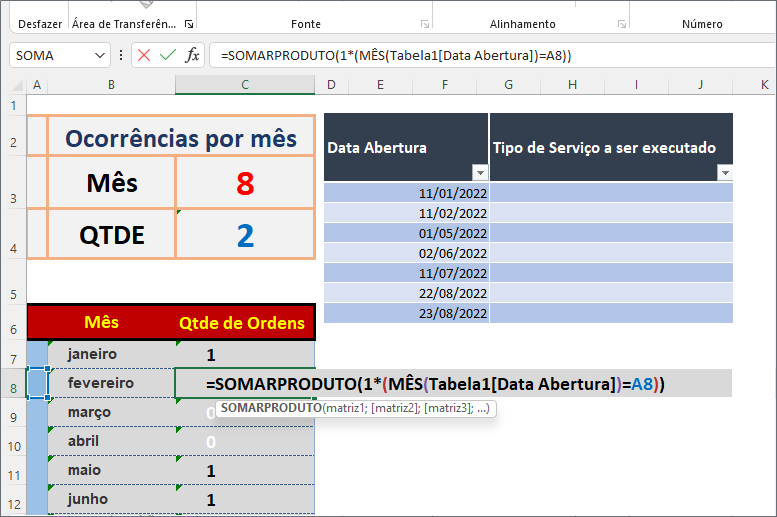 fazer a contagem por mês ou intervalo de datas no Excel