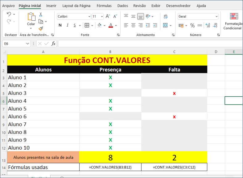 Função CONT.VALORES no Excel