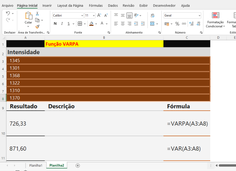 Função VARPA do Excel para estatísticas