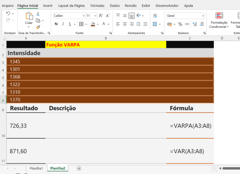 Função VARPA do Excel