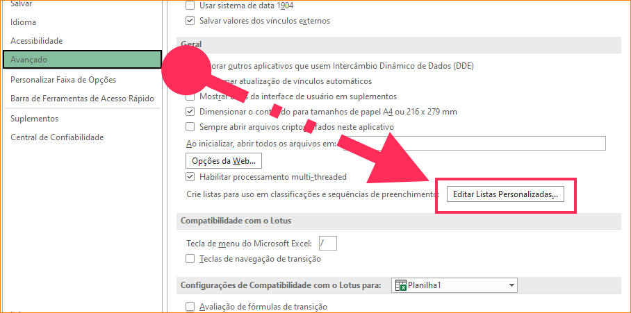 GERAL e clique sobre a opção Editar Listas Personalizadas