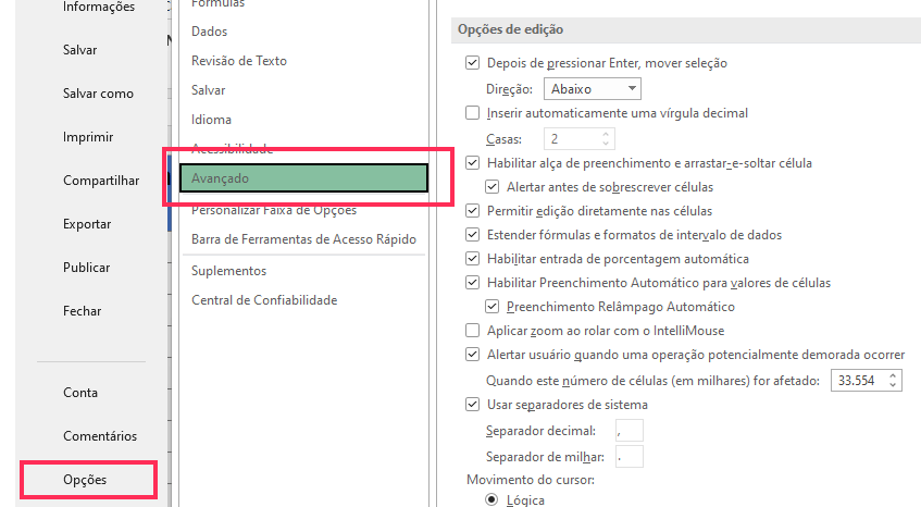 localize o menu Avançado e clique nele