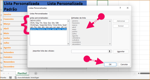 Criar uma lista personalizada e preenchimento automático na planilha