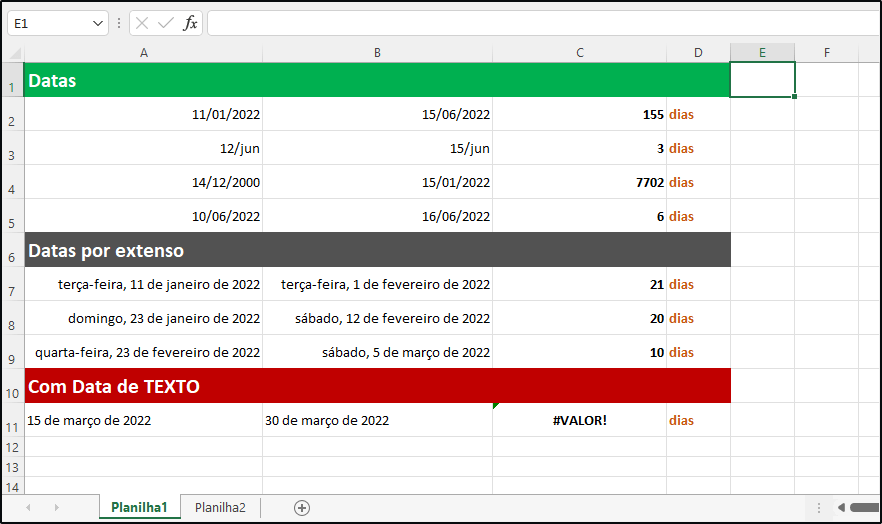 Dias entre duas datas na planilha de Excel