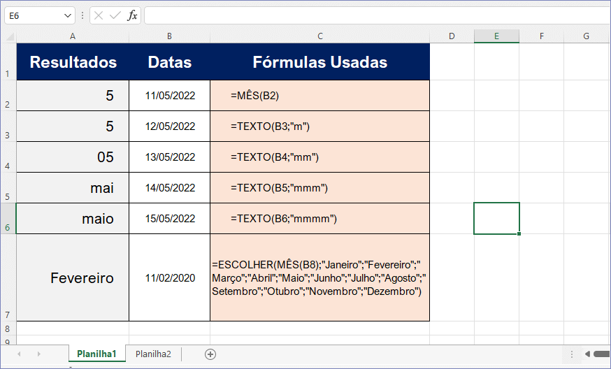 Converter a data para o nome do mês na planilha de Excel