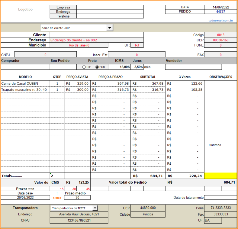 Planilha com formulário de pedido de vendas baixe grátis