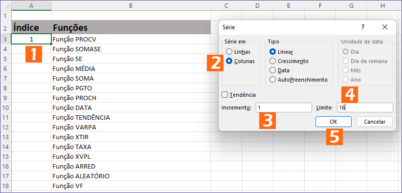 Índice da planilha do Excel