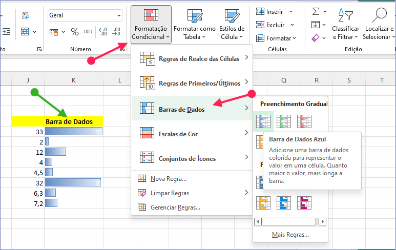 Como adicionar barras de dados no Excel