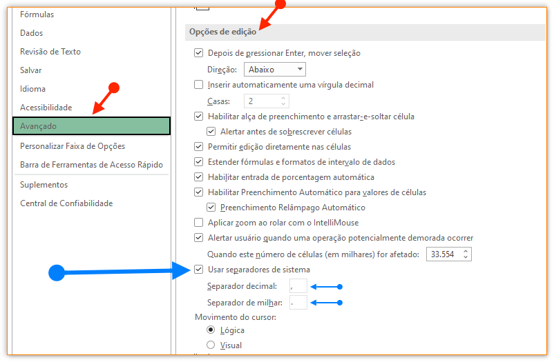 Opções de Edição no Excel