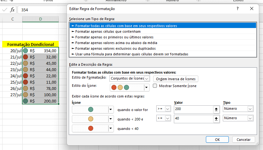 Editar Conjunto de Ícones na formatação condicional do Excel