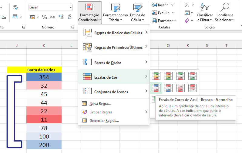 Adicionar escalas de cores com formatação condicional