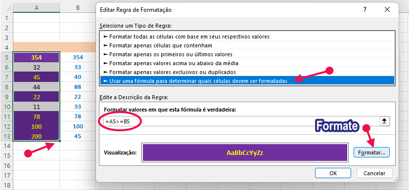 Formatar células com fórmulas do Excel