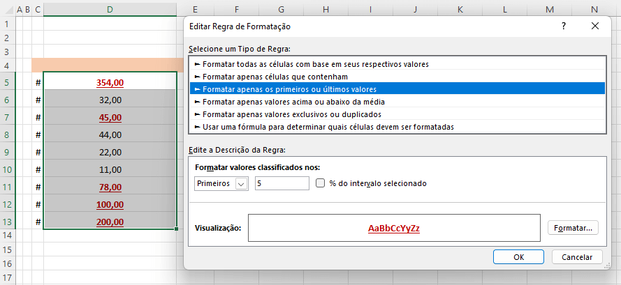 Formatar apenas os primeiros ou últimos valores