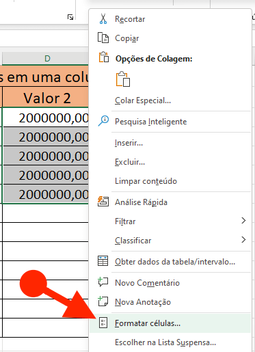 Opção FORMATAR CÉLULAS