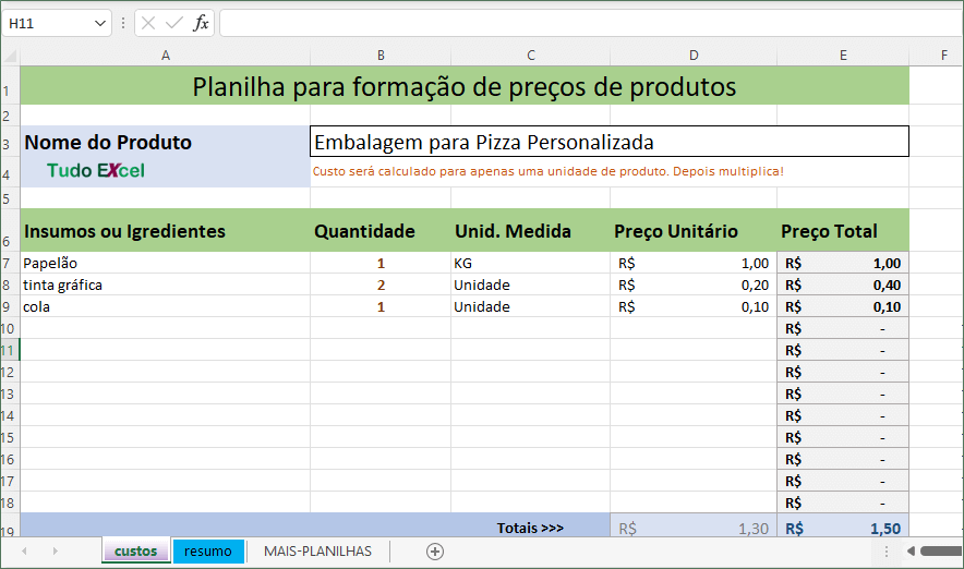 Planilha de formação de preços de produtos baixe grátis