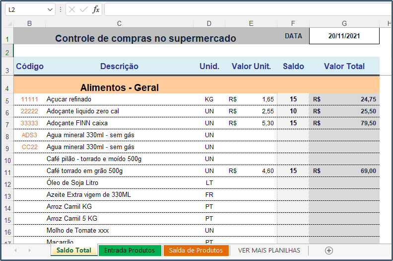 Planilha de compras no supermercado