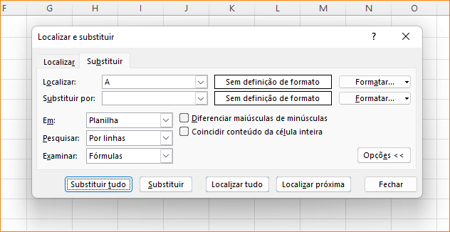 SUBSTITUIR na caixa de diálogo do Excel