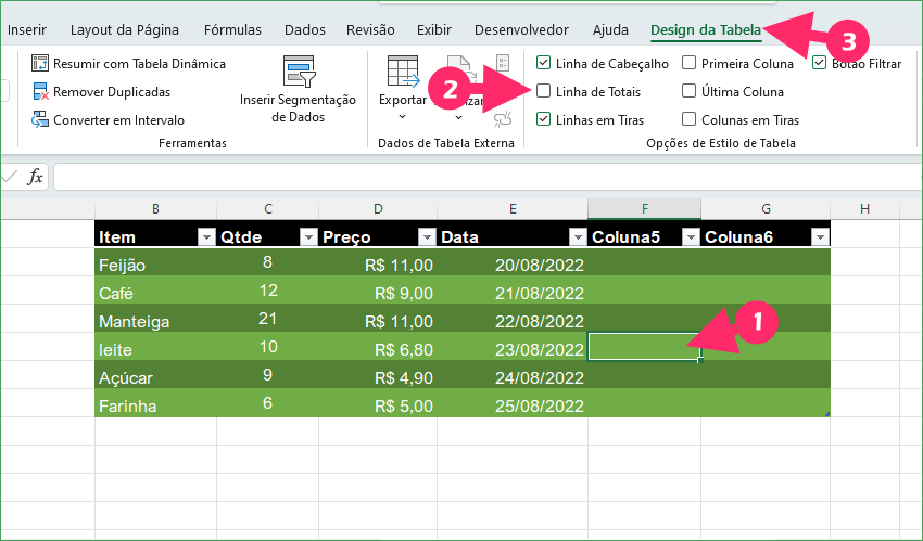 Como adicionar uma linha de total ou subtotal em uma tabela no Excel