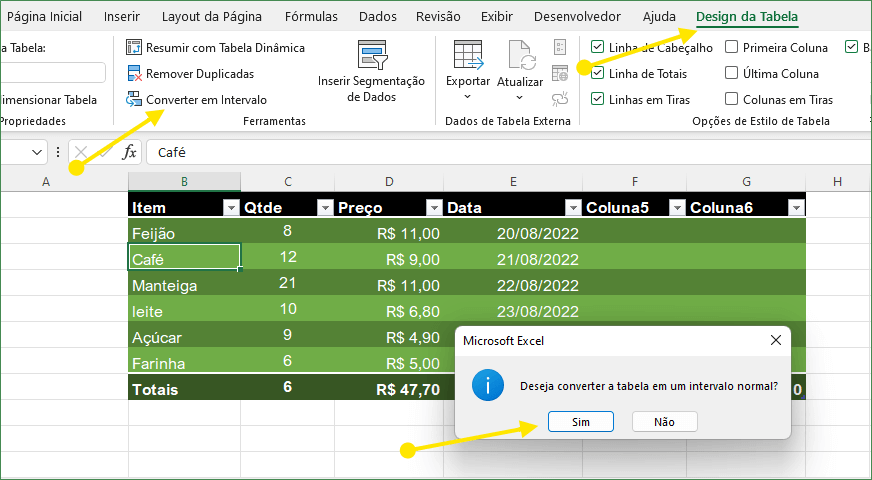 Converter em Intervalo e adicionar uma linha de total