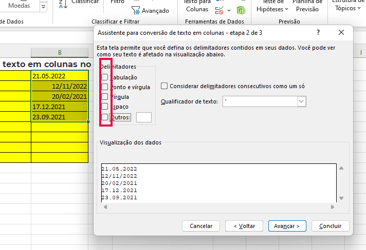 Desmarcar Dados Delimitados no Excel